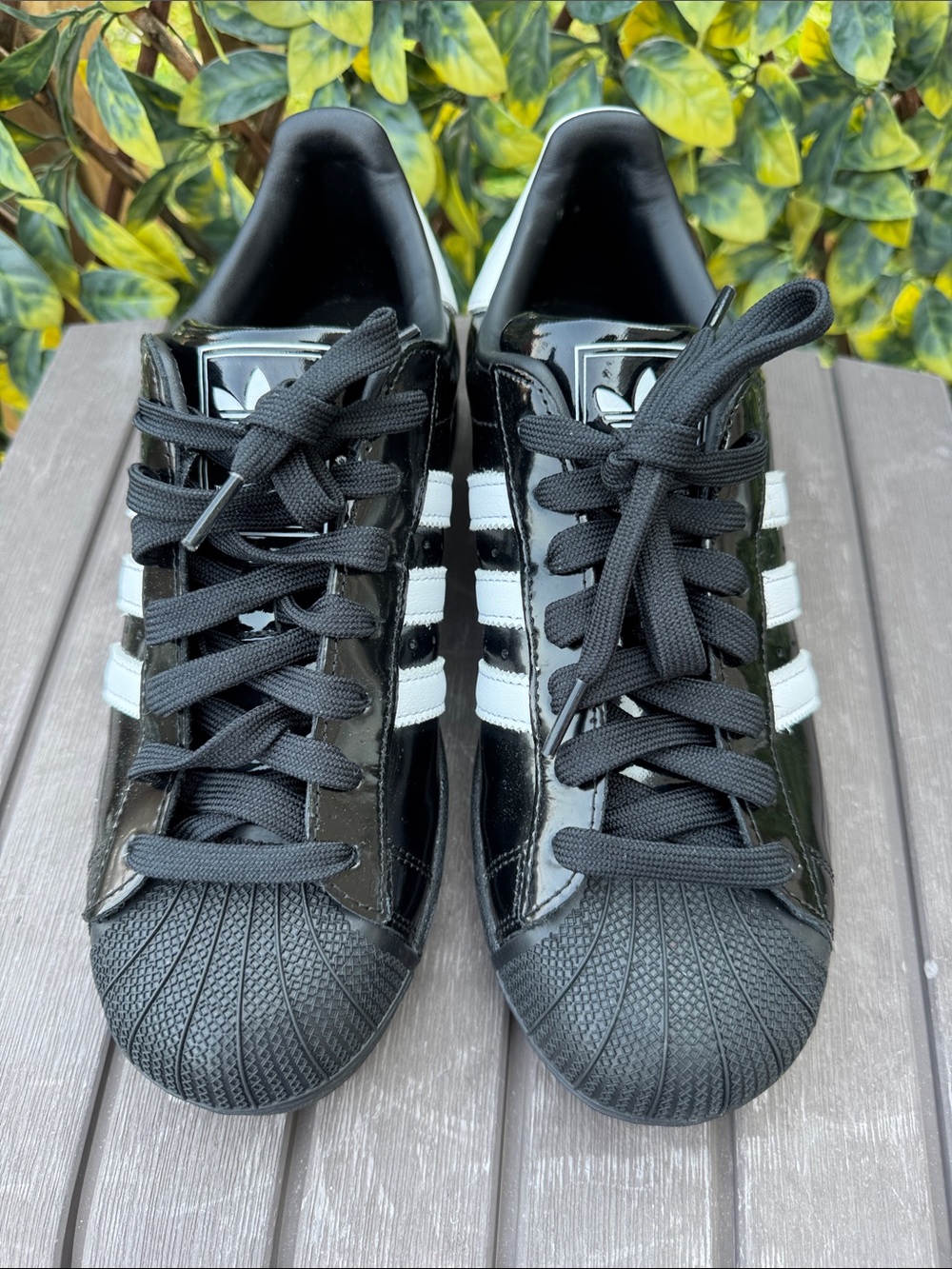 Women’s Adidas Black Patent Leather Sneakers with White Stripes Size 9.5